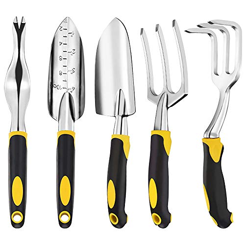 Afloia Juego Herramientas Jardín- Juego Jardinería Cabezales Aluminio Fundido Resistentes Mangos Ergonómicos con Weede/Paleta Mano/Trasplantadora/Rastrillo Mano/ 3-Tenedor (5PCS)