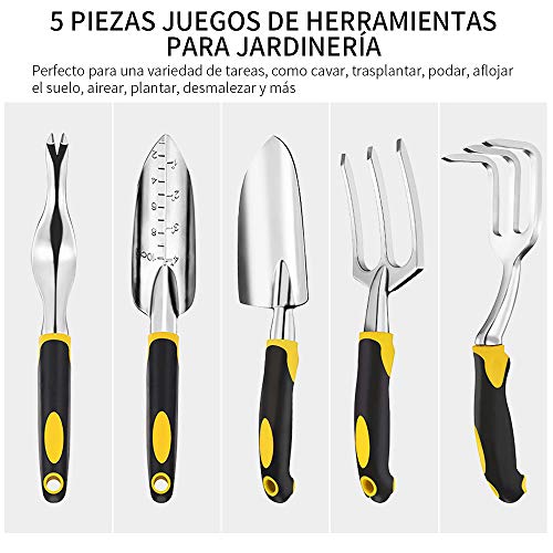 Afloia Juego Herramientas Jardín- Juego Jardinería Cabezales Aluminio Fundido Resistentes Mangos Ergonómicos con Weede/Paleta Mano/Trasplantadora/Rastrillo Mano/ 3-Tenedor (5PCS)