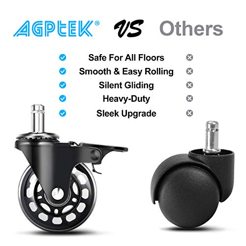AGPtek Ruedas de Reemplazo para Silla de Oficina, Set of 5, Resistentes Soportes Universales con un Sistema de Frenado Único, Ruedan Suave y Silenciosamente, Desarmador Incluido