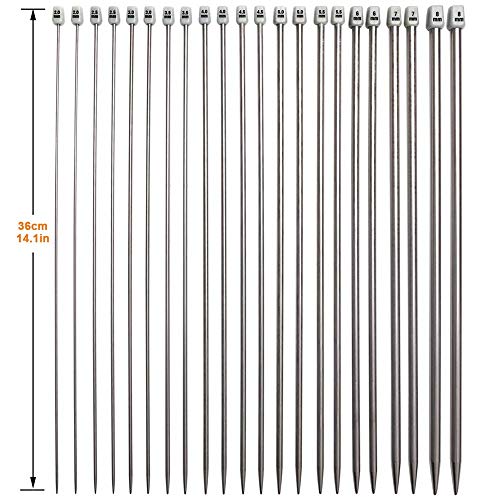 Agujas de Tejer,Agujas de Punto 11 Pares Acero inoxidable Recto único Puntiagudo Kit de Artesanía 2.0mm 2.5mm 3.0mm 3.5mm 4.0mm 4.5mm 5.0mm 5.5mm 6.0mm 7.0mm 8.0mm(14 Pulgadas)