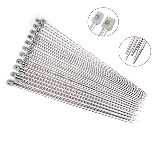 Agujas de Tejer,Agujas de Punto 11 Pares Acero inoxidable Recto único Puntiagudo Kit de Artesanía 2.0mm 2.5mm 3.0mm 3.5mm 4.0mm 4.5mm 5.0mm 5.5mm 6.0mm 7.0mm 8.0mm(14 Pulgadas)