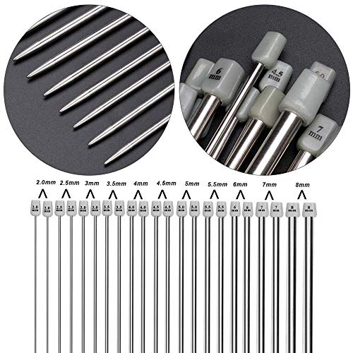 Agujas de Tejer,Agujas de Punto 11 Pares Acero inoxidable Recto único Puntiagudo Kit de Artesanía 2.0mm 2.5mm 3.0mm 3.5mm 4.0mm 4.5mm 5.0mm 5.5mm 6.0mm 7.0mm 8.0mm(14 Pulgadas)