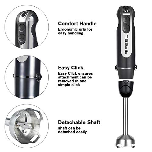Aifeel - Batidora de mano, 800 W, 4 en 1, con juego de accesorios, incluye pie de mezcla de acero inoxidable, picadora de 500 ml, vaso medidor de 600 ml, cuchillas SUS y batidoras – Negro