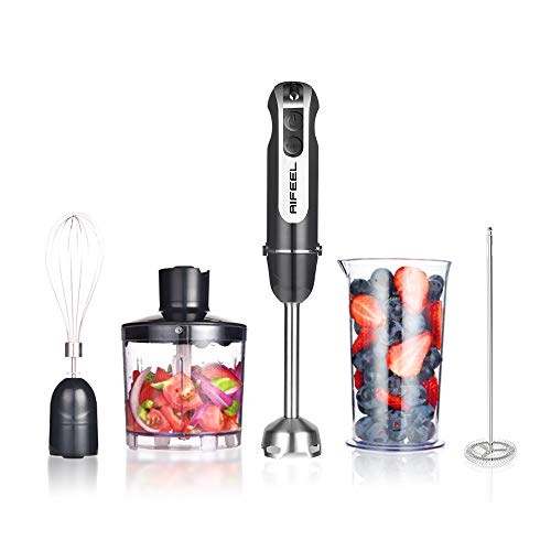Aifeel - Batidora de mano, 800 W, 4 en 1, con juego de accesorios, incluye pie de mezcla de acero inoxidable, picadora de 500 ml, vaso medidor de 600 ml, cuchillas SUS y batidoras – Negro