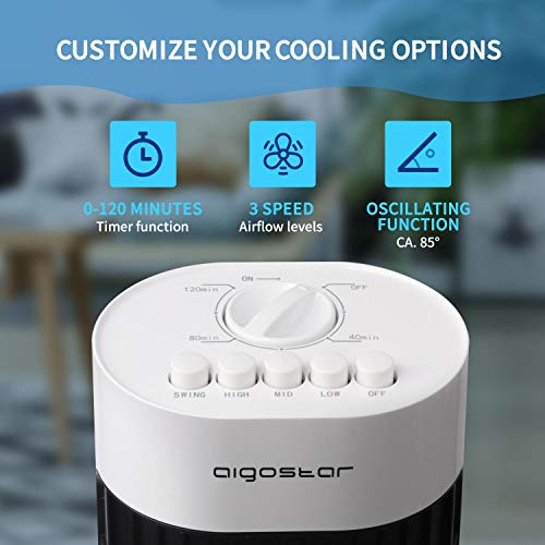 Aigostar 33JTS - Ventilador de torre oscilante, temporizador programable, 3 velocidades, motor de 45 W, oscilación de 85º y altura de 76 cm. Color blanco y negro.