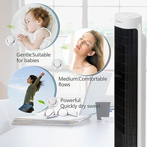 Aigostar 33JTS - Ventilador de torre oscilante, temporizador programable, 3 velocidades, motor de 45 W, oscilación de 85º y altura de 76 cm. Color blanco y negro.