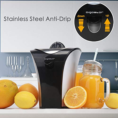 Aigostar Spaceship 30HLW - Exprimidor eléctrico de zumo con dos conos intercambiables, potencia de 80W y filtro de acero inoxidable. Surtidor antigoteo. Libre de BPA. Diseño exclusivo.