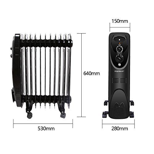 Aigostar Tummie 33JIE – Radiador de aceite de 11 elementos, 2300 Watios, dispone de 3 ajustes de potencia y control termostático de temperatura. Color negro. Diseño exclusivo.