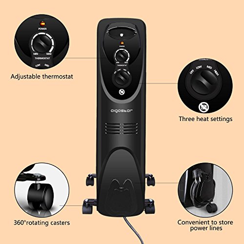 Aigostar Tummie 33JIE – Radiador de aceite de 11 elementos, 2300 Watios, dispone de 3 ajustes de potencia y control termostático de temperatura. Color negro. Diseño exclusivo.