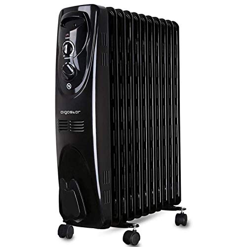 Aigostar Tummie 33JIE – Radiador de aceite de 11 elementos, 2300 Watios, dispone de 3 ajustes de potencia y control termostático de temperatura. Color negro. Diseño exclusivo.