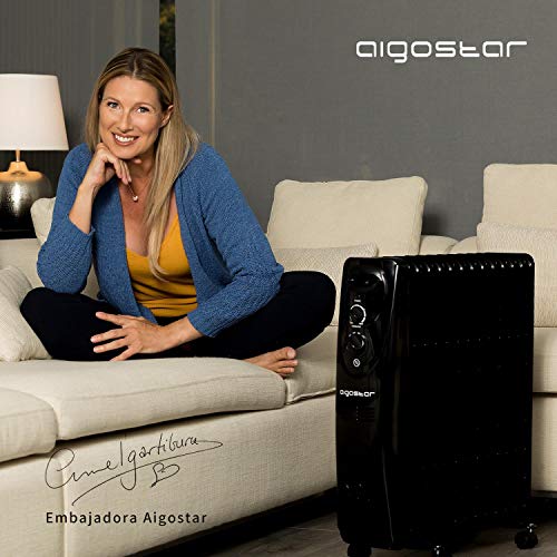 Aigostar Tummie 33JIE – Radiador de aceite de 11 elementos, 2300 Watios, dispone de 3 ajustes de potencia y control termostático de temperatura. Color negro. Diseño exclusivo.