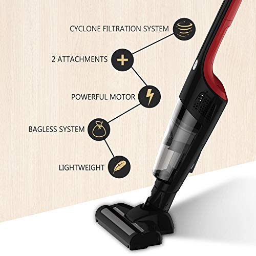 Aigostar Wand 33IWU - Aspirador vertical ciclónico inalámbrico 2 en 1. Batería recargable 2200mAh, apto para succionar líquidos, silencioso, capacidad 0.4L, 2 cepillos incluídos. Diseño exclusivo