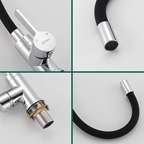 Aihom Grifo de Cocina Flexible Grifo de Fregadero Negro Silicona de Grado Alimenticio 360° Giratorio Cocina Monomando Fregadero Agua Fría y Caliente