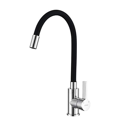 Aihom Grifo de Cocina Flexible Grifo de Fregadero Negro Silicona de Grado Alimenticio 360° Giratorio Cocina Monomando Fregadero Agua Fría y Caliente