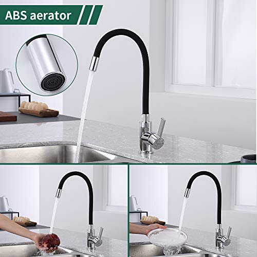 Aihom Grifo de Cocina Flexible Grifo de Fregadero Negro Silicona de Grado Alimenticio 360° Giratorio Cocina Monomando Fregadero Agua Fría y Caliente