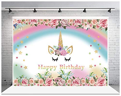 AIIKES 2.1Mx1.5M/7x5FT Unicornio Partido Flor Telón de Fondo de la Foto Cumpleaños Bebé Recién Nacido Fondo de Fotografia Personalizado Telón de Fondo de la Fotografía por Foto Estudio 11-333