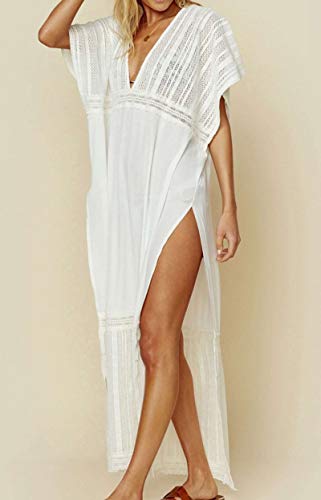 AiJump Traje de algodón bordado de la playa vestido largo maxi kimono Swim cubre sube Plus para Mujer Talla nica Blanco 10