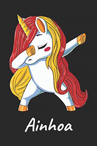 Ainhoa: Cuaderno de notas blanko para niña y mujer con nombre personalizado y diseño de kawaii cuaderno unicornio bailarin con pelo en los colores de ... universidad, regalo de cumpleaños y navidad.