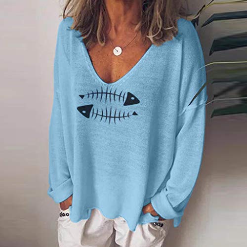 AIni Mujeres Camiseta Otoño Manga Larga Mezcla De AlgodóN Moda Camisa con Cuello En V Camiseta con Estampado De Espina De Pescado Top Casual De Color Liso Delgado Y Ligero Blusa Suelta De Verano