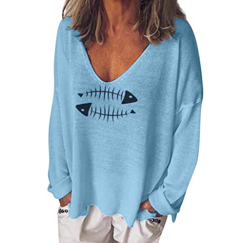AIni Mujeres Camiseta Otoño Manga Larga Mezcla De AlgodóN Moda Camisa con Cuello En V Camiseta con Estampado De Espina De Pescado Top Casual De Color Liso Delgado Y Ligero Blusa Suelta De Verano