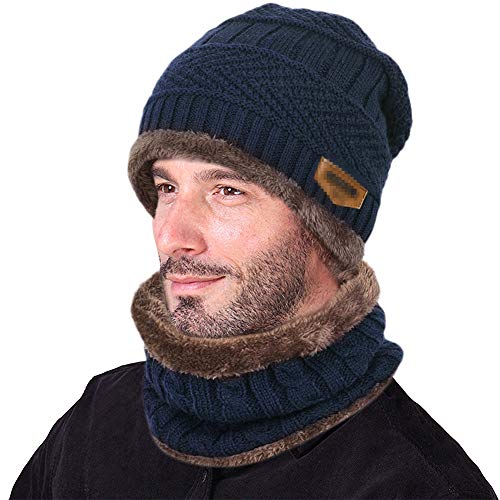 Aisprts Gorro Invierno con Bufanda, Calentar Sombreros Gorras Beanie de Punto Para Hombre Mujer (Azul)