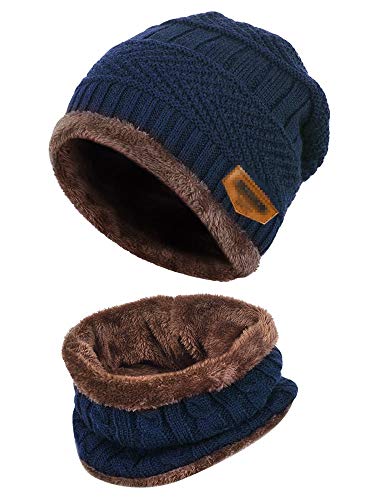 Aisprts Gorro Invierno con Bufanda, Calentar Sombreros Gorras Beanie de Punto Para Hombre Mujer (Azul)