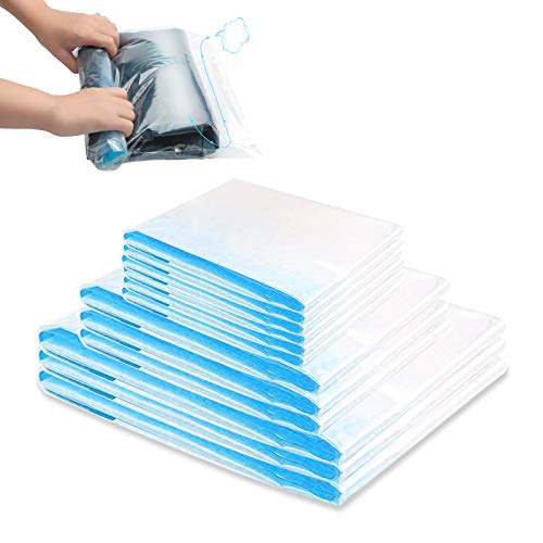 AJOXEL 12 Unidades Bolsas de Almacenaje al Vacío para Viajes y Ropa, Bolsas al Vacío para Ahorrar Espacio y Sacar el Aire,Ideal para Guardar la Ropa, Edredones & Almohadas, Sin Necesidad de Bomba