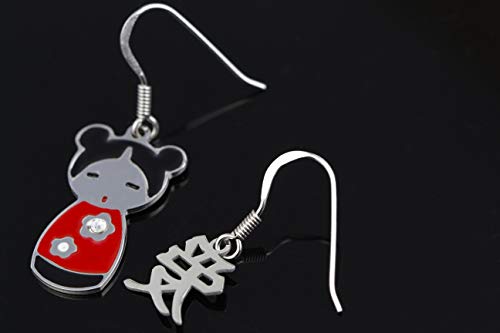 AKA Joyas - Pendientes Mujer Muñeca Japonesa en Plata de Ley 925 Esmalte y Cristales Swarovski, con la palabra Amor escrita