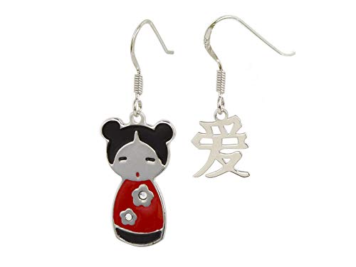 AKA Joyas - Pendientes Mujer Muñeca Japonesa en Plata de Ley 925 Esmalte y Cristales Swarovski, con la palabra Amor escrita