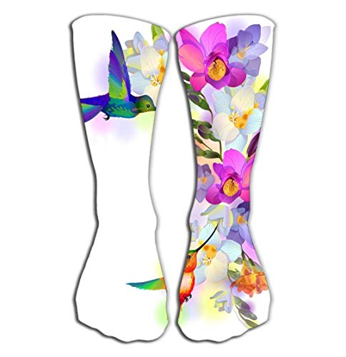 akingstore Medias altas Calcetines largos de compresión atlética de 19.7"(50 cm) para mujeres y niñas Colibrí arcoíris Orquídeas violetas Felices