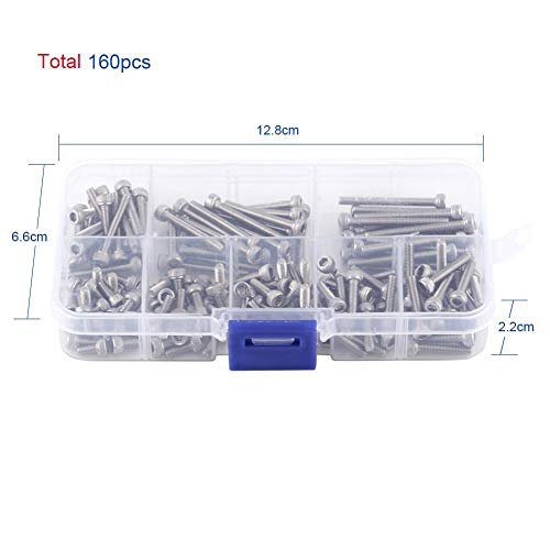 Akozon Tornillo de Cabeza 160pcs M3 SS304 de Acero Inoxidable de Rosca Métrica Hex Hecket Head Screws Tornillos Pernos