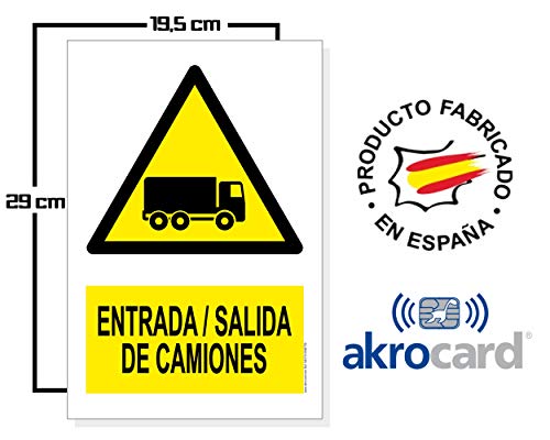 akrocard Cartel Resistente PVC - Entrada/Salida Camiones - Señaletica de Aviso - Ideal para Colgar y Advertir