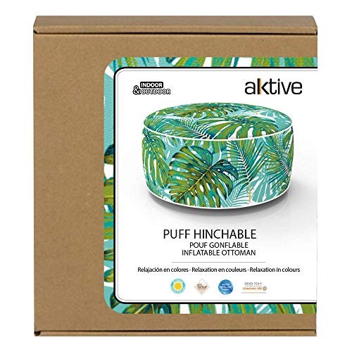 Aktive 79037 - Puff hinchable Ottoman, poliéster hilado, repele el agua, 53 x 23 cm, tropical verde turquesa
