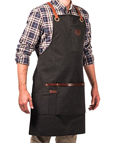 Alaskan MAKER - Delantal de trabajo premium de algodón revestido y piel auténtica N° 547 – Correas cruzadas ultra cómodas, unisex y talla universal (negro)