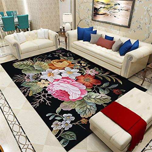 Alayth Alfombras Online Clásico Retro a Prueba de Polvo de Fibra de Vidrio Absorbente Salón Alfombra Flor Flor Negro-80 * 160cm