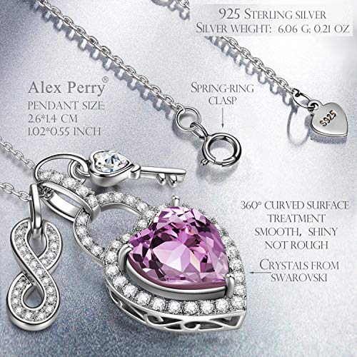 Alex Perry Joyas para Ella, Abra Su Corazón Collar de Cerradura y Llave de Plata de Ley 925 Elegante y Encantador, Cristal de Amatista Claro, Cristal de Swarovski, Cadena Ajustable