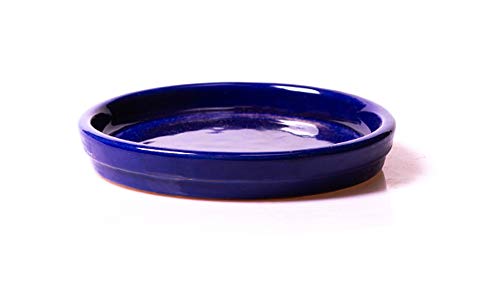 Alfareros Damian Canovas Maceta DE Barro ESMALTADA EN Color Azul + Plato.Modelo CAÑA.Medidas 18 X 18 CM.