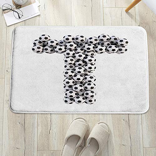 Alfombra De Baño Cocina,Letra T, Arreglo de alfabeto de tema de competencia de diseño de balón de fút,Alfombrilla de baño con Ducha Antideslizante Lavable a máquina para baño y Sala de Estar 60x100 cm