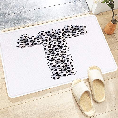 Alfombra De Baño Cocina,Letra T, Arreglo de alfabeto de tema de competencia de diseño de balón de fút,Alfombrilla de baño con Ducha Antideslizante Lavable a máquina para baño y Sala de Estar 60x100 cm