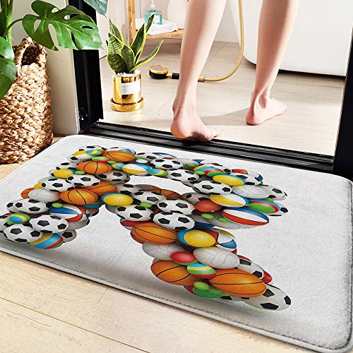 Alfombrilla de Baño Antideslizantes de 60X100 cm,Letra R, Voleibol de aspecto realista Balones de fút,Tapete para el Piso Lavable a Máquina con Microfibras Suaves Absorbentes de Agua para Bañera Ducha
