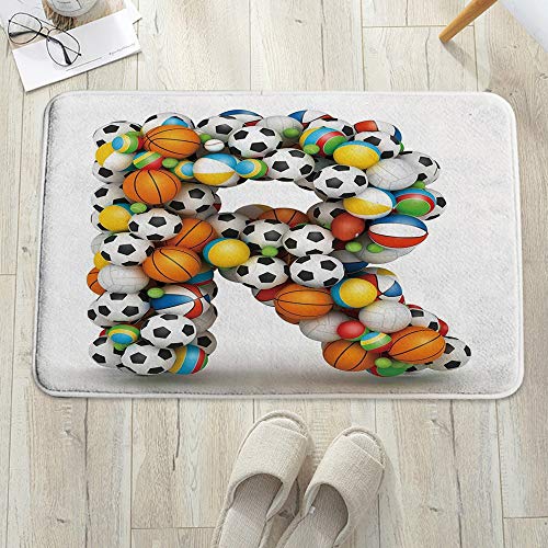 Alfombrilla de Baño Antideslizantes de 60X100 cm,Letra R, Voleibol de aspecto realista Balones de fút,Tapete para el Piso Lavable a Máquina con Microfibras Suaves Absorbentes de Agua para Bañera Ducha