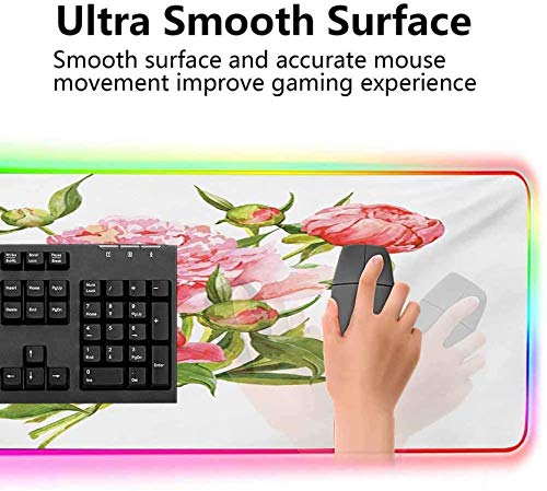Alfombrilla de ratón para juegos, peonías rosas con hojas verdes fuertes grande impermeable para teclado de computadora para jugadores / profesionales de deportes / oficina 900x400x30 mm