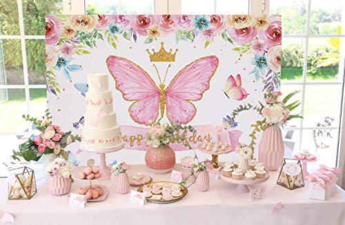 Allenjoy Feliz Cumpleaños Mariposa Fiesta Fondo Bebé Niñas Hada Princesa Rosa Floral Oro Fotografía telón de fondo Niños Dulce Pastel Mesa Banner Decoración Suministros