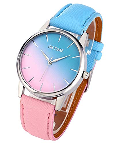 AllRing Moda Mujer Gilrs Candy Color Rosa & Blue Watch Silver Case PU Cuero Banda