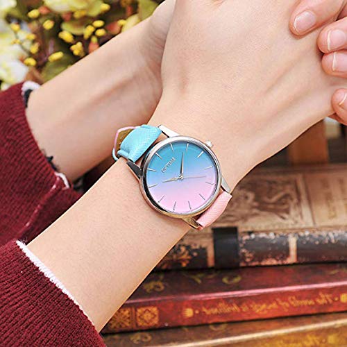 AllRing Moda Mujer Gilrs Candy Color Rosa & Blue Watch Silver Case PU Cuero Banda