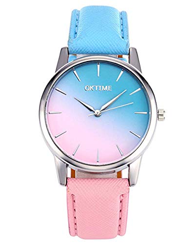 AllRing Moda Mujer Gilrs Candy Color Rosa & Blue Watch Silver Case PU Cuero Banda