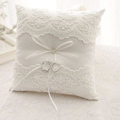 Almohada Awtlife de encaje para anillos de boda, de color perla marfil, 21 cm
