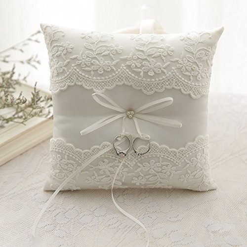 Almohada Awtlife de encaje para anillos de boda, de color perla marfil, 21 cm