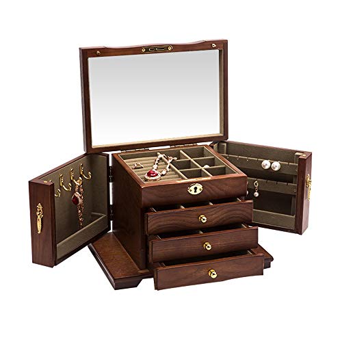 Alta Capacidad Joyero Organizador Joyero de Madera para Mujeres de Alta Capacidad con 3 cajones Espejo encastrable Organizador de Almacenamiento de exhibición de Almacenamiento con Llave para Anillos