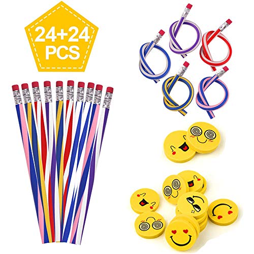 AMACOAM 48 Piezas Lapices Flexibles y Gomas Emoji Gomas de Borrar, Lapiz Mágicos para Niños Lápices de Juguete Emoticon Gomas Borrar para Fiestas de Regalos Cumpleaños Infantiles